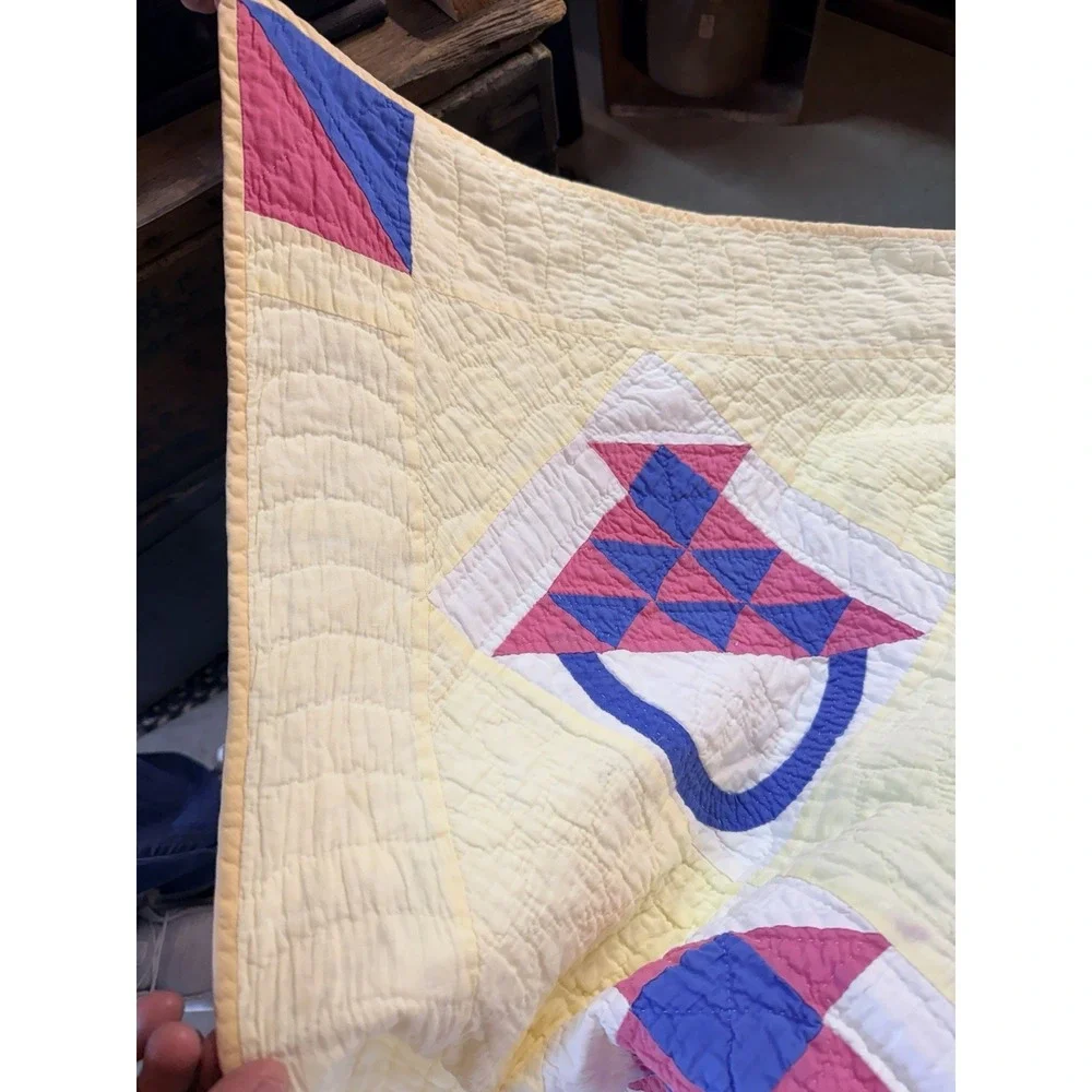 Antique Early Vintage Cake Stand Or Basket Quilt Hand Stitched Gorgeous Quilting
